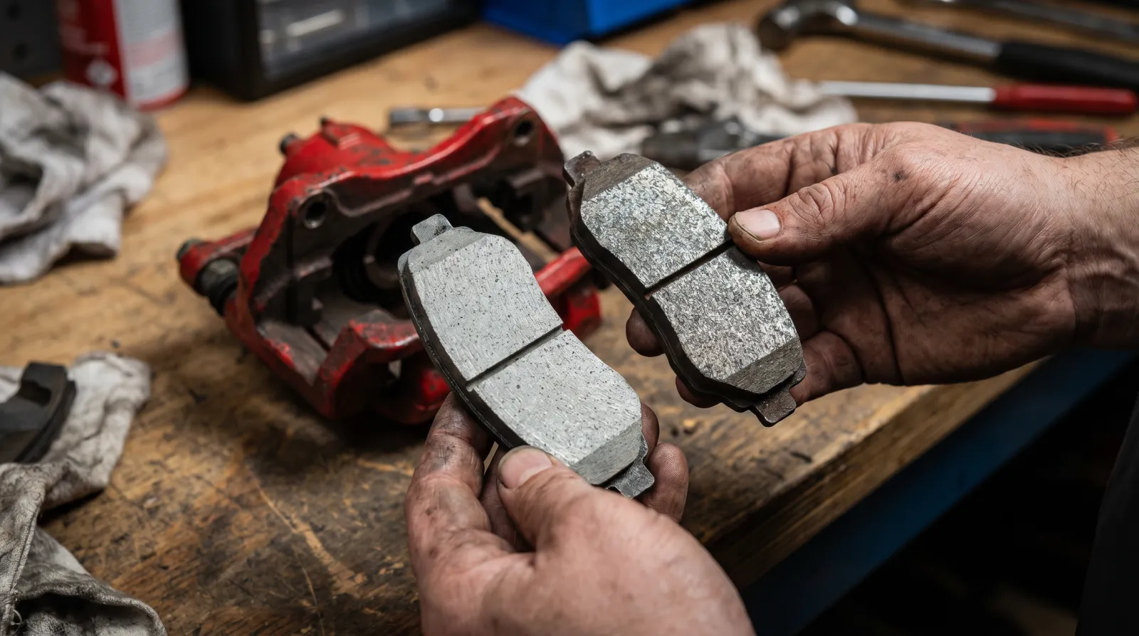 A mechanic's hands holding two brake pads side by side — one ceramic, one semi-metallic — against a workshop bench with a JDM-spec caliper in soft focus behind them