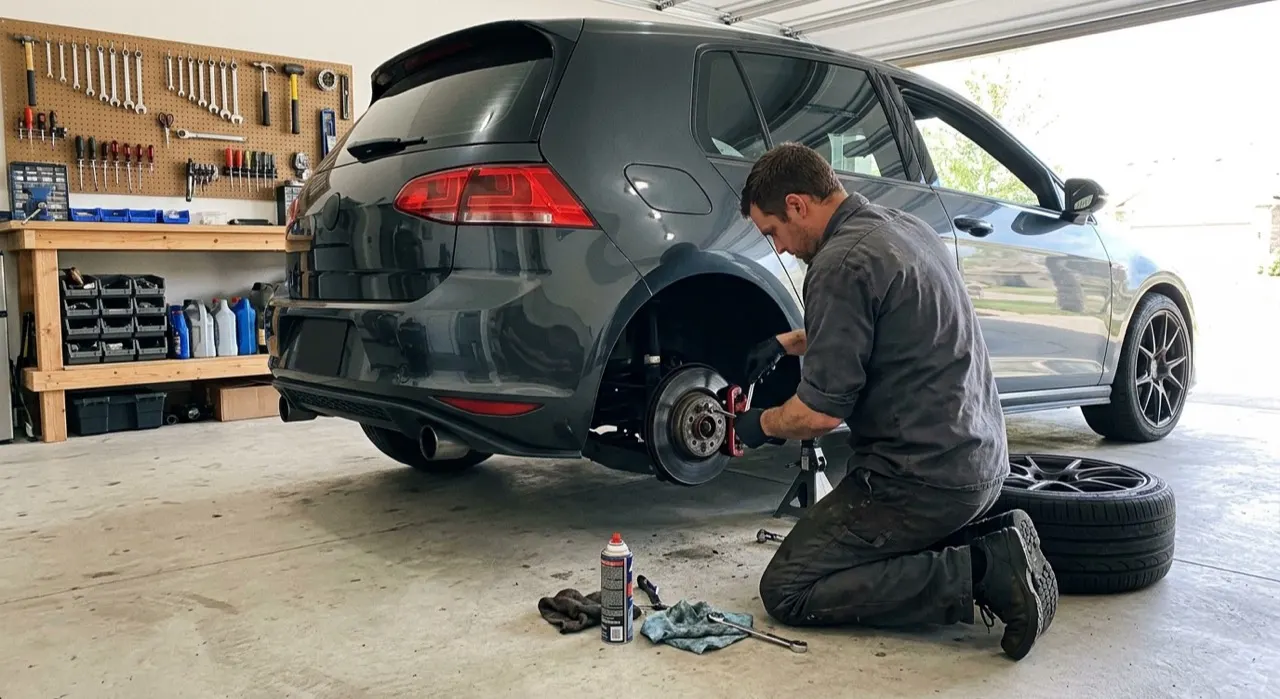Workshop mechanic inspecting brake caliper with USD banknotes and a set of brake pads on a workbench beside the car