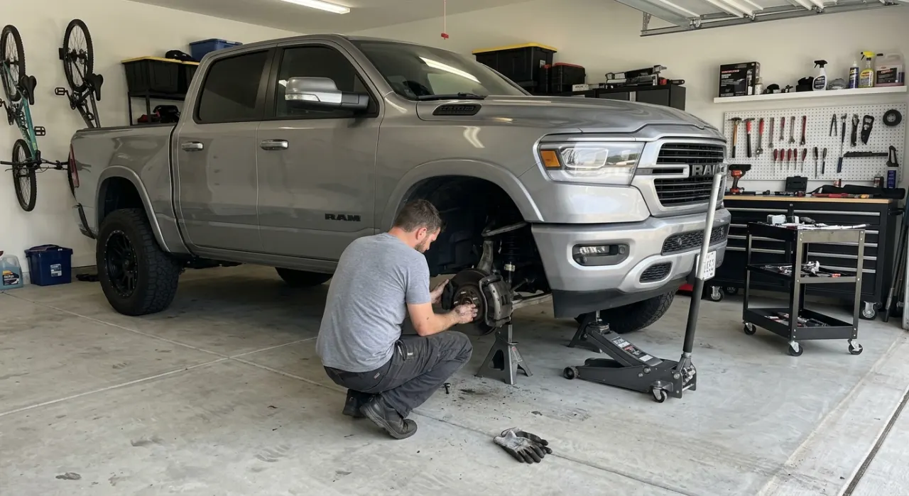 Home mechanic working on a front brake caliper in a residential garage with proper jack stands and tools