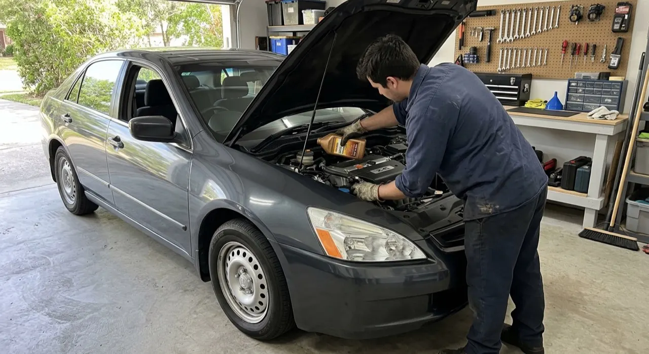 Mechanic using a fluid transfer pump to remove excess brake fluid from a reservoir before a pad change