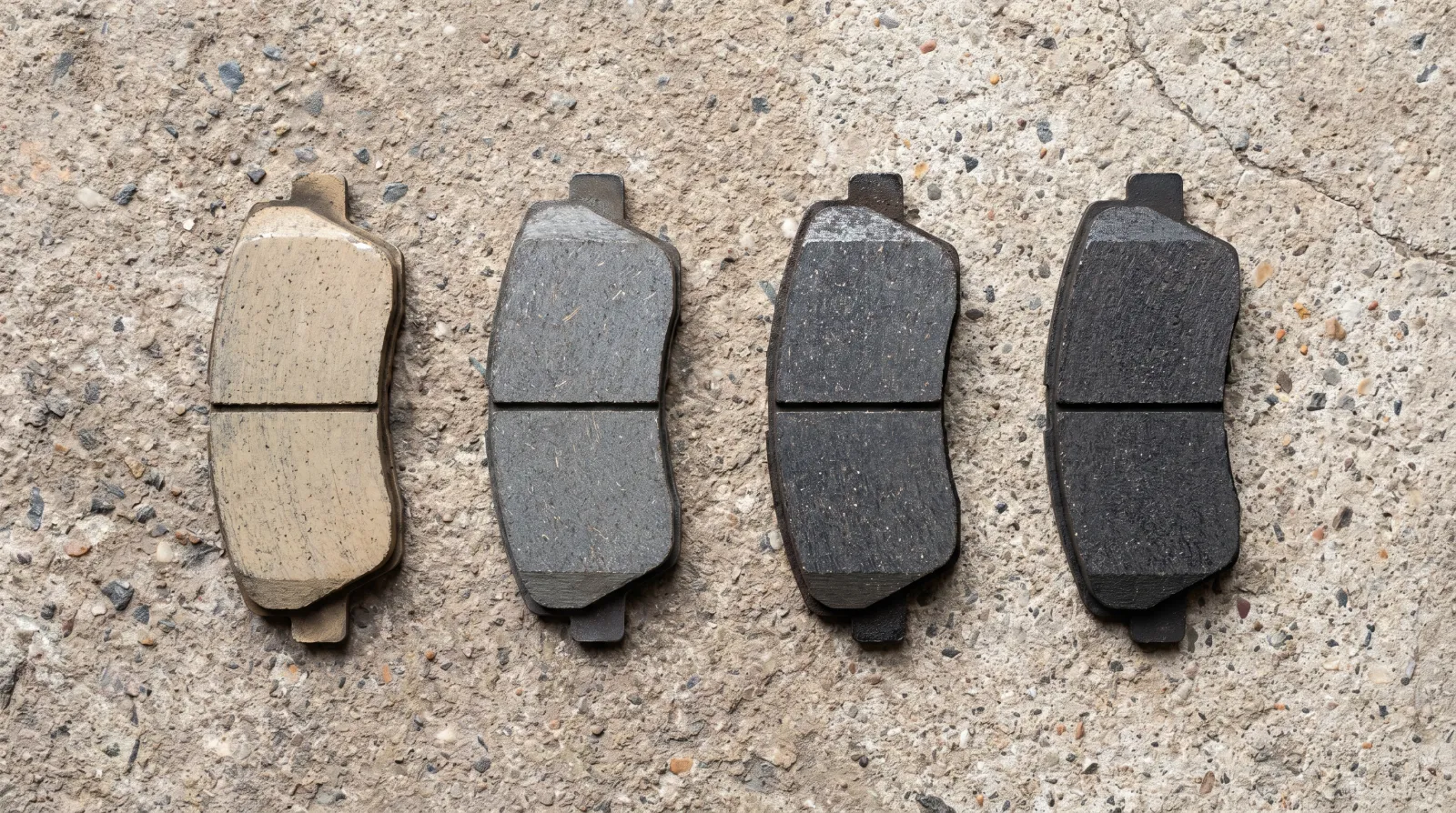 Four brake pads arranged in a row on a clean concrete surface, each representing a different compound type from organic to race compound, photographed from above