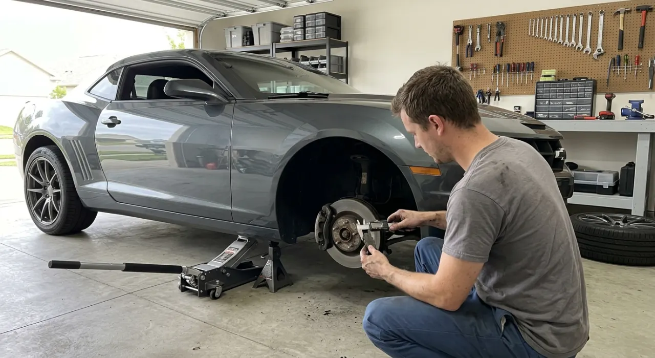 Digital vernier caliper measuring the friction material thickness of a brake pad removed from a vehicle
