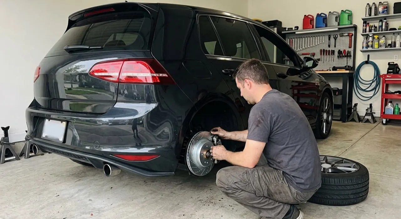 Close-up of a mechanic holding a ventilated cast-iron brake rotor up to natural light, showing the disc face clearly, workshop bench visible in background