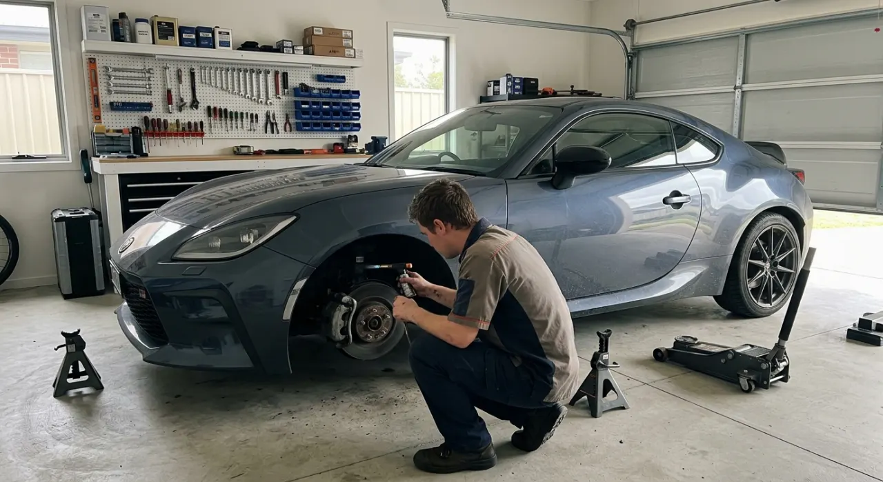 A mechanic inspecting a brake caliper and disc rotor on a lifted JDM sports car in a clean home garage