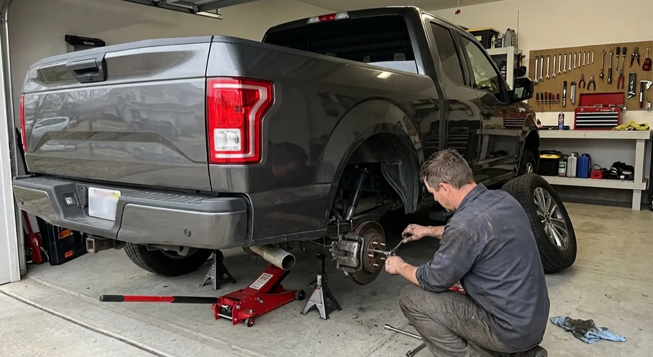 A car wheel removed revealing a disc brake assembly with caliper and rotor visible in a clean JDM garage setting