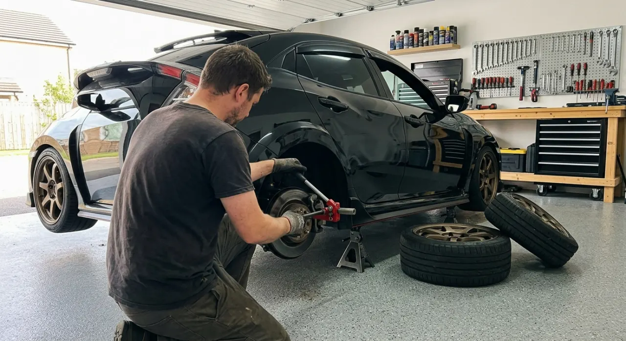 Close-up of a mechanic's gloved hands using a caliper piston wind-back tool on a rear brake caliper still mounted on a vehicle, socket adapter engaged on the piston face, brake rotor and knuckle visible in background