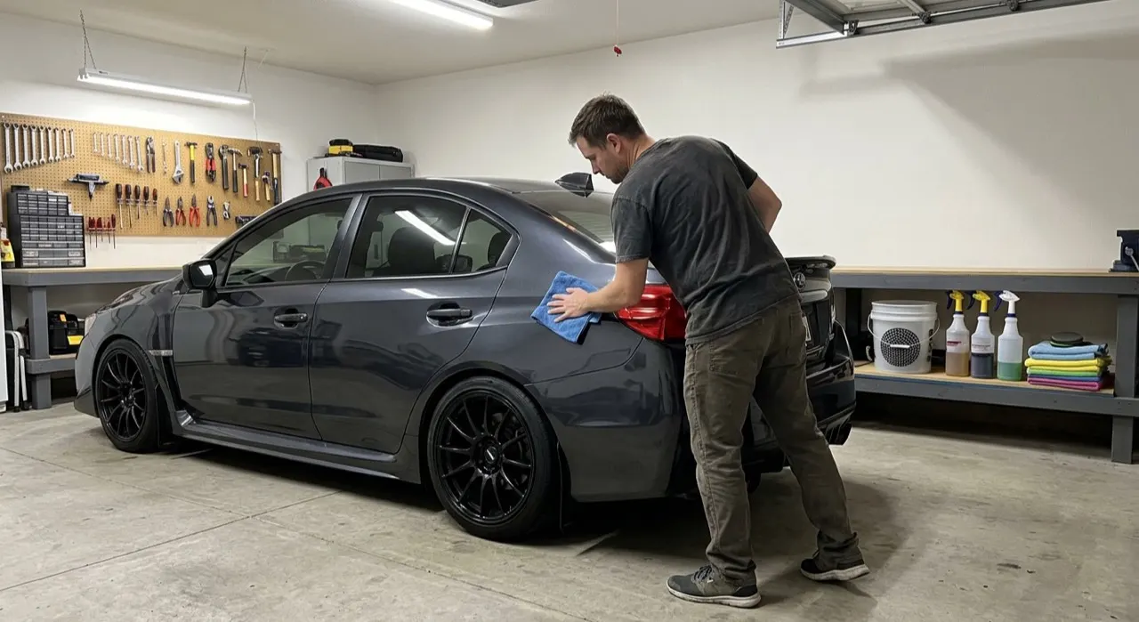 Beginner Car Detailing Checklist (Order of Ops) — an organized flat lay of car detailing products, bottles, pads and towels