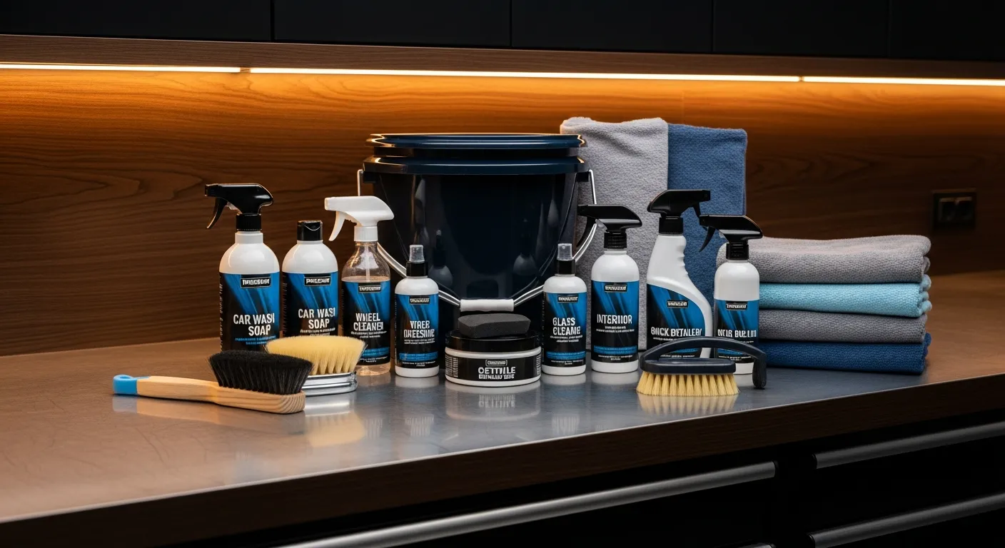 A complete car detailing kit laid out on a workbench with sprays, microfiber towels, brushes and a bucket