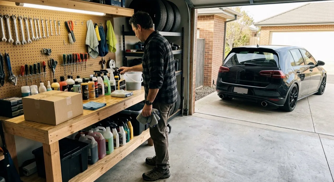Detailing Kit vs Buying Separately: Which Saves You? — an organized flat lay of car detailing products, bottles, pads and towels