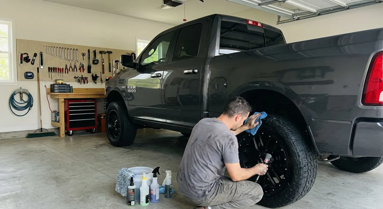 Essential Car Detailing Tools Worth Owning — an organized flat lay of car detailing products, bottles, pads and towels