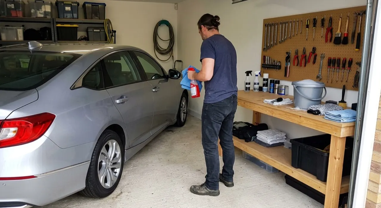 Car Detailing Under $100: A Genuinely Good Starter Kit — an organized flat lay of car detailing products, bottles, pads and towels