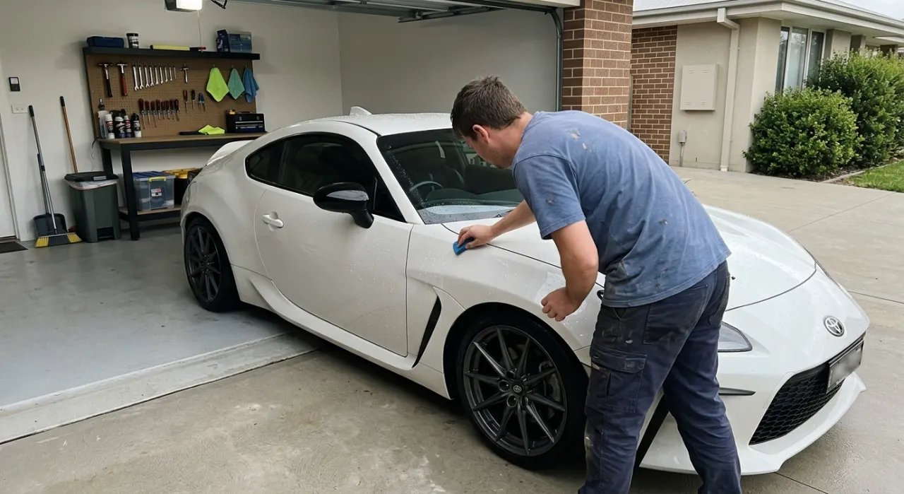 Clay Bar Decontamination: The Step Most People Skip — a dual-action polishing machine on flawless swirl-free glossy car paint
