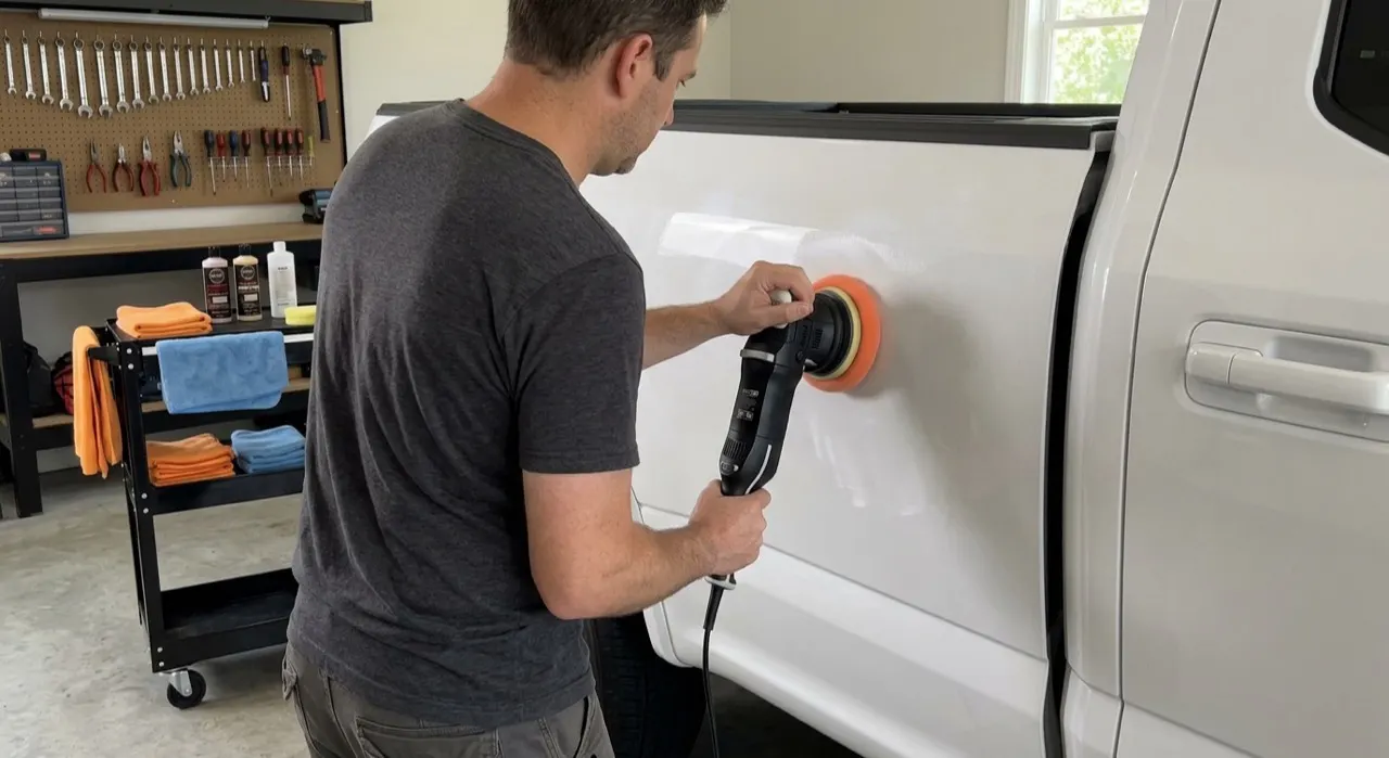 Compound vs Polish vs Glaze: Which One Cuts What — a dual-action polishing machine on flawless swirl-free glossy car paint