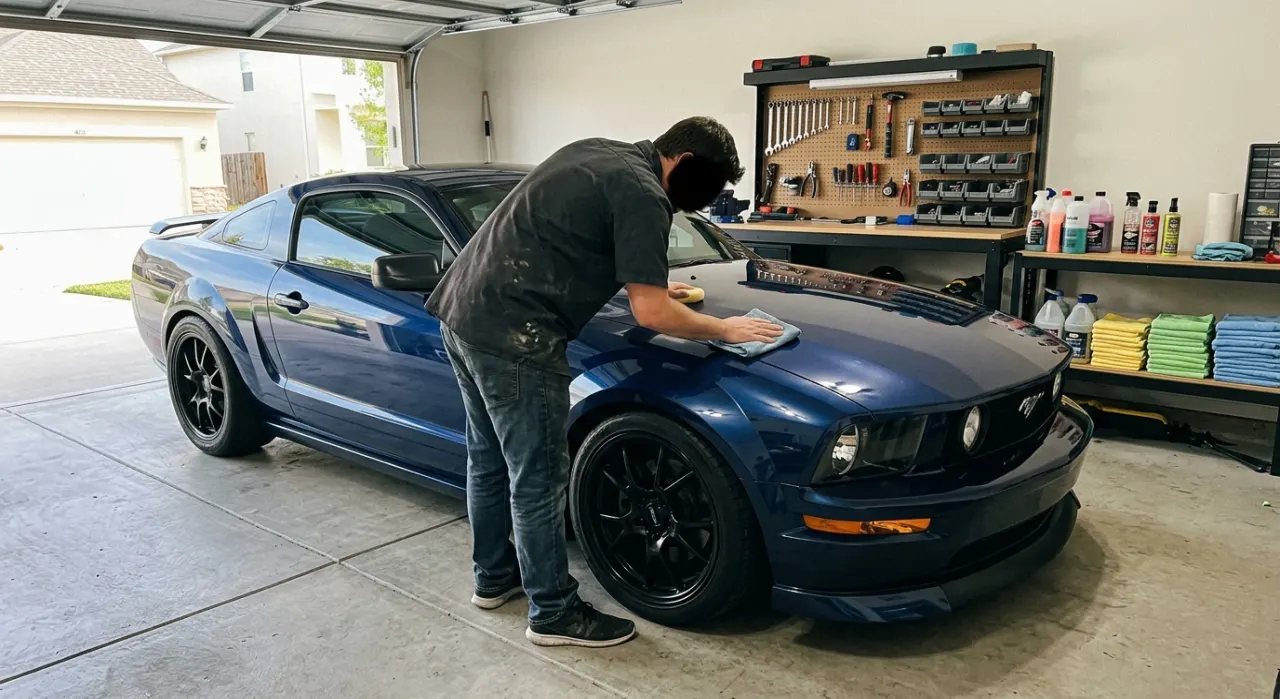 How to Polish a Car: By Hand or Machine (Step by Step) — a dual-action polishing machine on flawless swirl-free glossy car paint