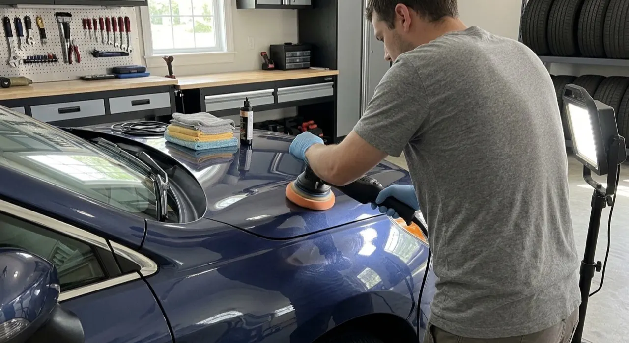 Paint Correction Guide: One-Step vs Multi-Step at Home — a dual-action polishing machine on flawless swirl-free glossy car paint
