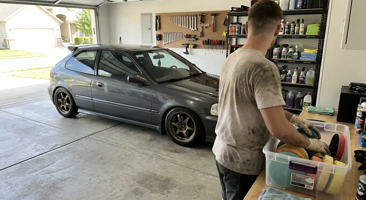 Polishing Pads Explained: Cutting, Polishing & Finishing — a dual-action polishing machine on flawless swirl-free glossy car paint