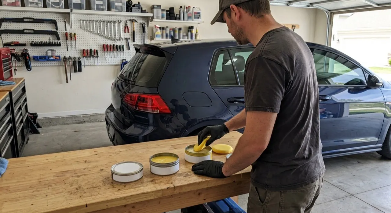 Carnauba vs Synthetic Wax: Which & When — car wax product and a foam applicator on deep glossy reflective car paint