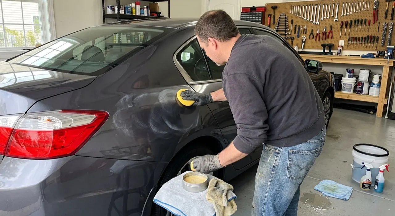 How to Wax a Car Properly (Step by Step) — car wax product and a foam applicator on deep glossy reflective car paint