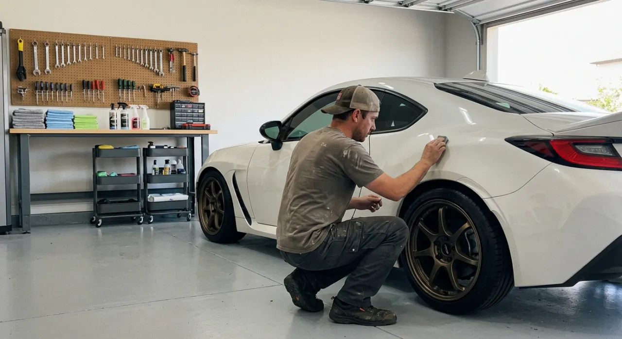 Best Liquid Car Wax (Ranked for Gloss & Ease) — car wax product and a foam applicator on deep glossy reflective car paint