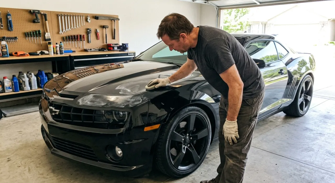 Waxing Mistakes Fixed: Streaks, Haze & More — car wax product and a foam applicator on deep glossy reflective car paint