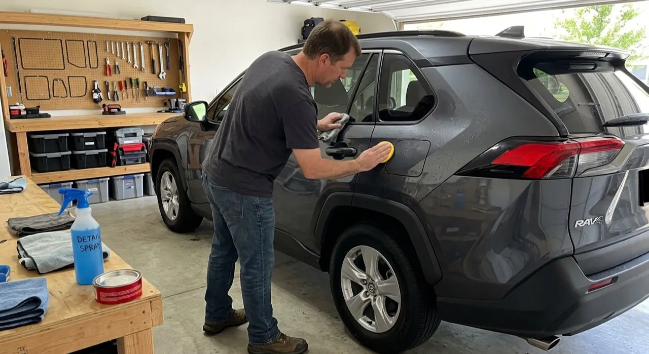 Can You Wax Over Ceramic Coating? (What to Use) — car wax product and a foam applicator on deep glossy reflective car paint