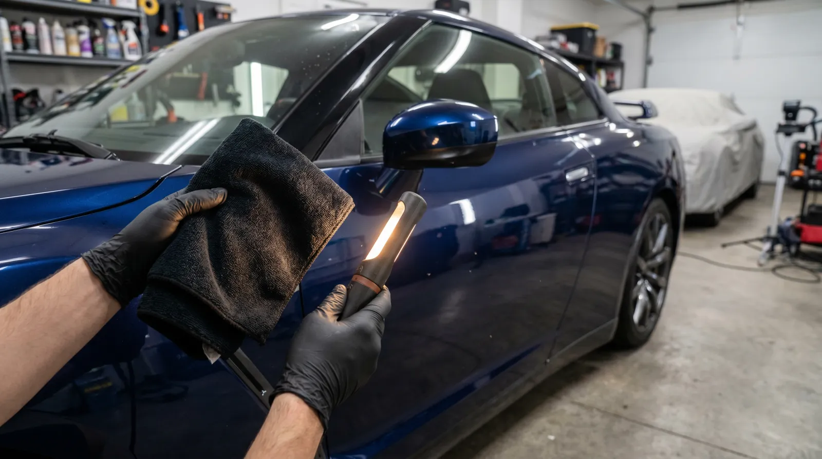 Detailer buffing off flashed ceramic coating from a metallic blue JDM coupe with a clean microfibre cloth