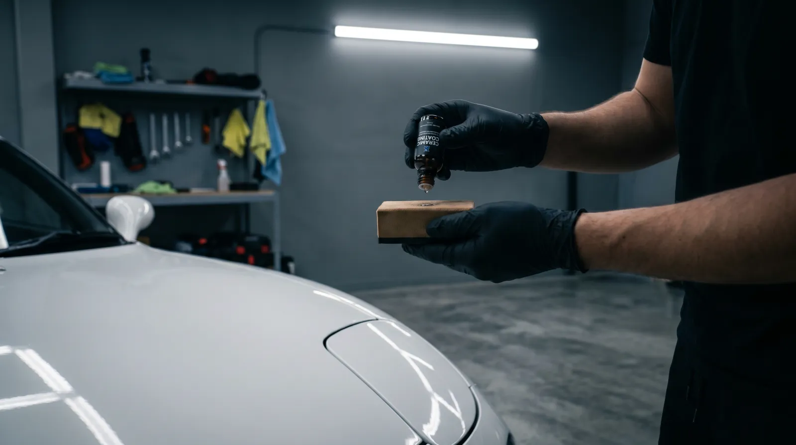 Detailer in nitrile gloves applying ceramic coating to the bonnet of a white Mazda RX-7 in a clean garage