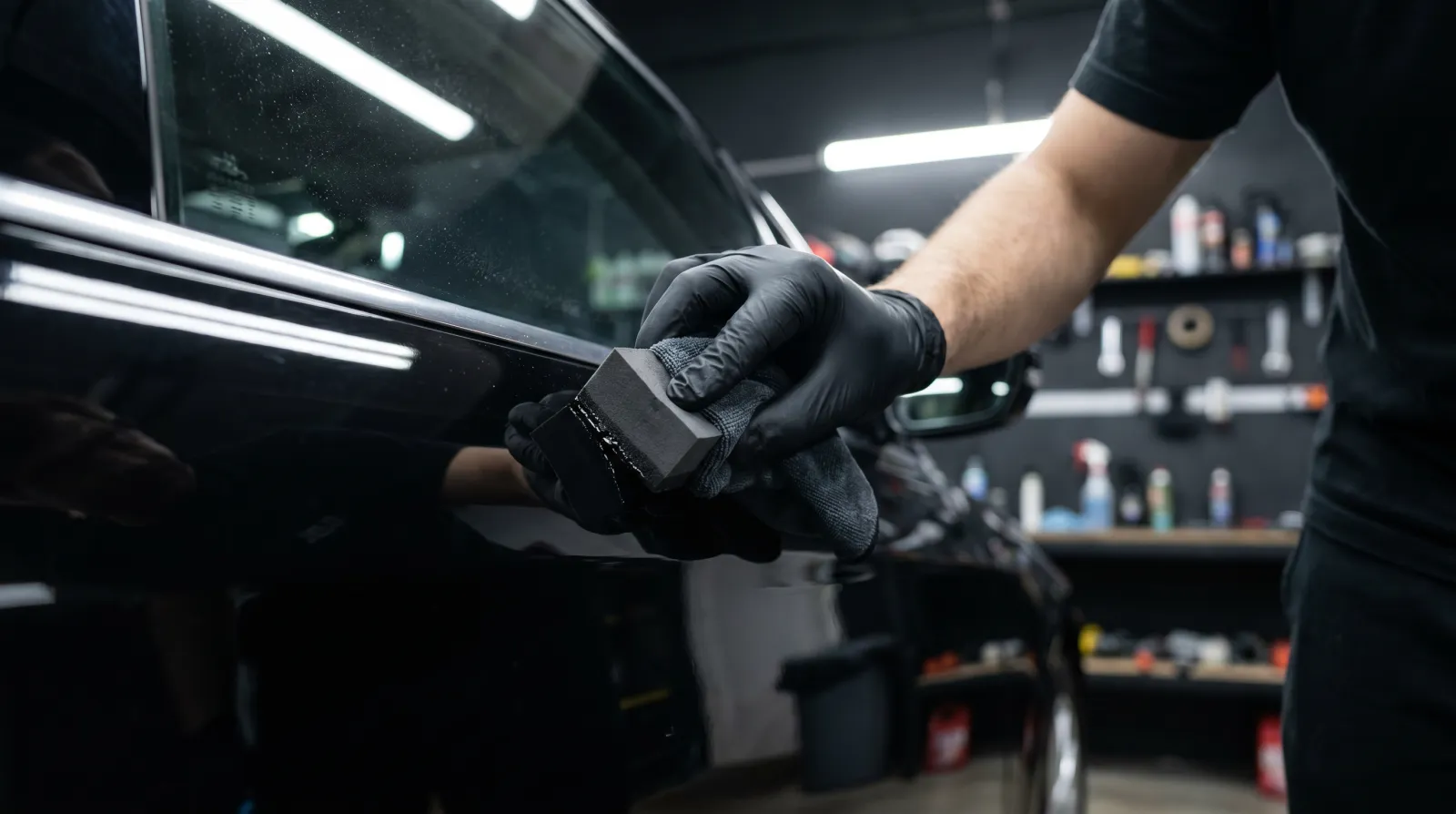 Detailer in black nitrile gloves applying ceramic coating to a black car panel with a foam applicator block