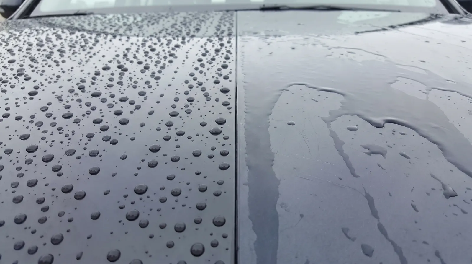 Split panel comparison of tight fresh ceramic beading versus flat sheeting on a degraded coating