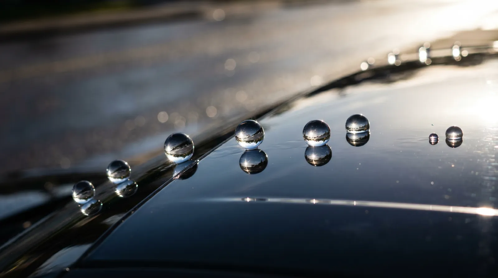 Tight high-contact-angle water beads on a healthy ceramic coating, the behaviour that flattens as the coating wears