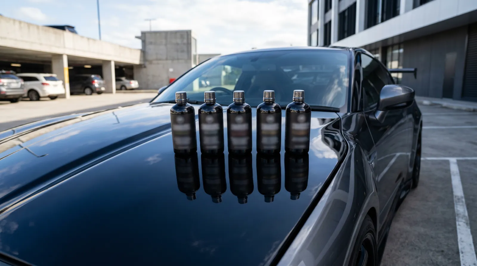 Side-by-side lineup of ceramic coating bottles on the bonnet of a black JDM sports car