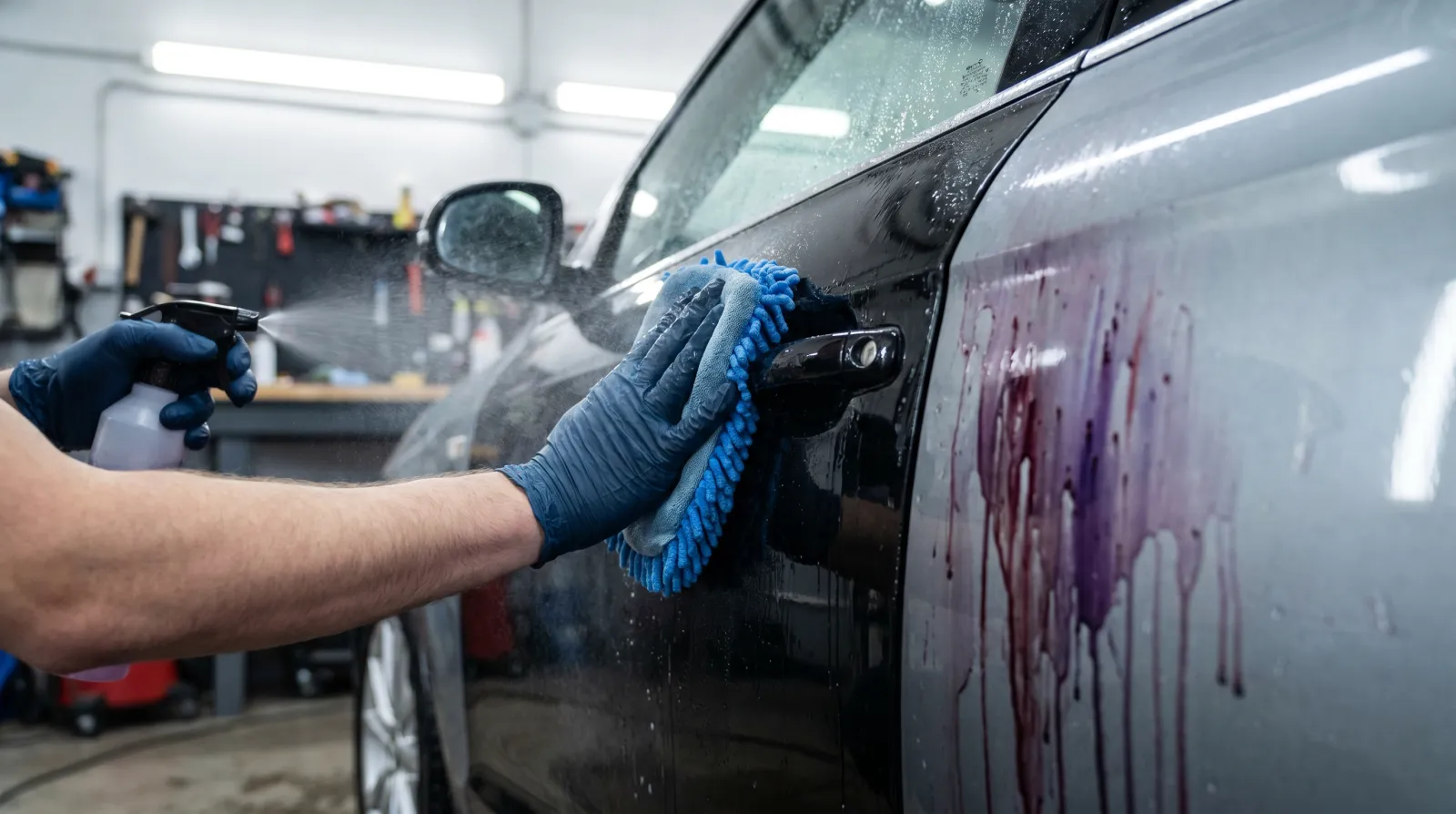 Gloved hands using a clay mitt on a wet black panel with purple iron-fallout bleed on an adjacent section