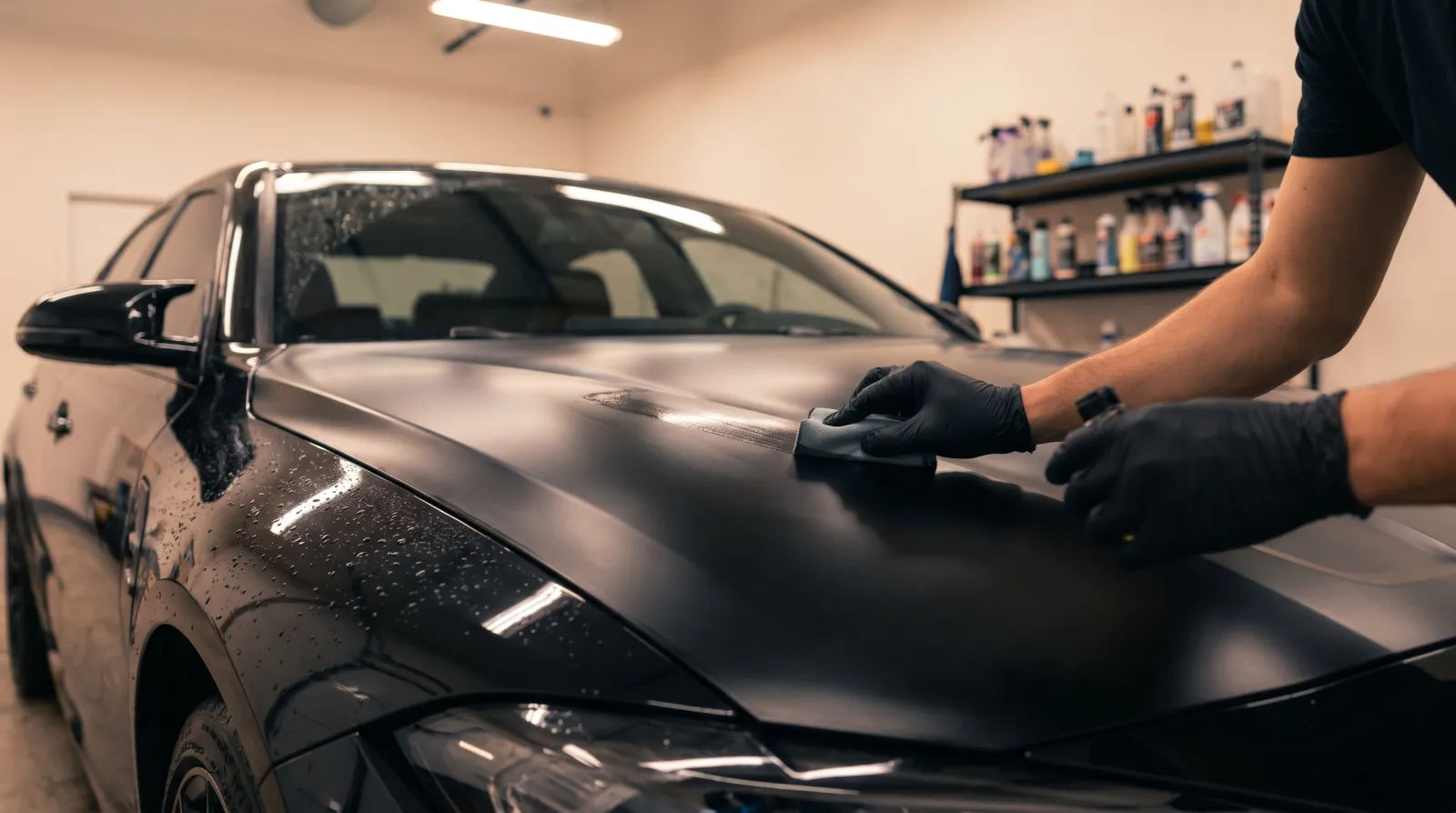 Professional applying ceramic coating to a matte black sports sedan in a bright detail bay