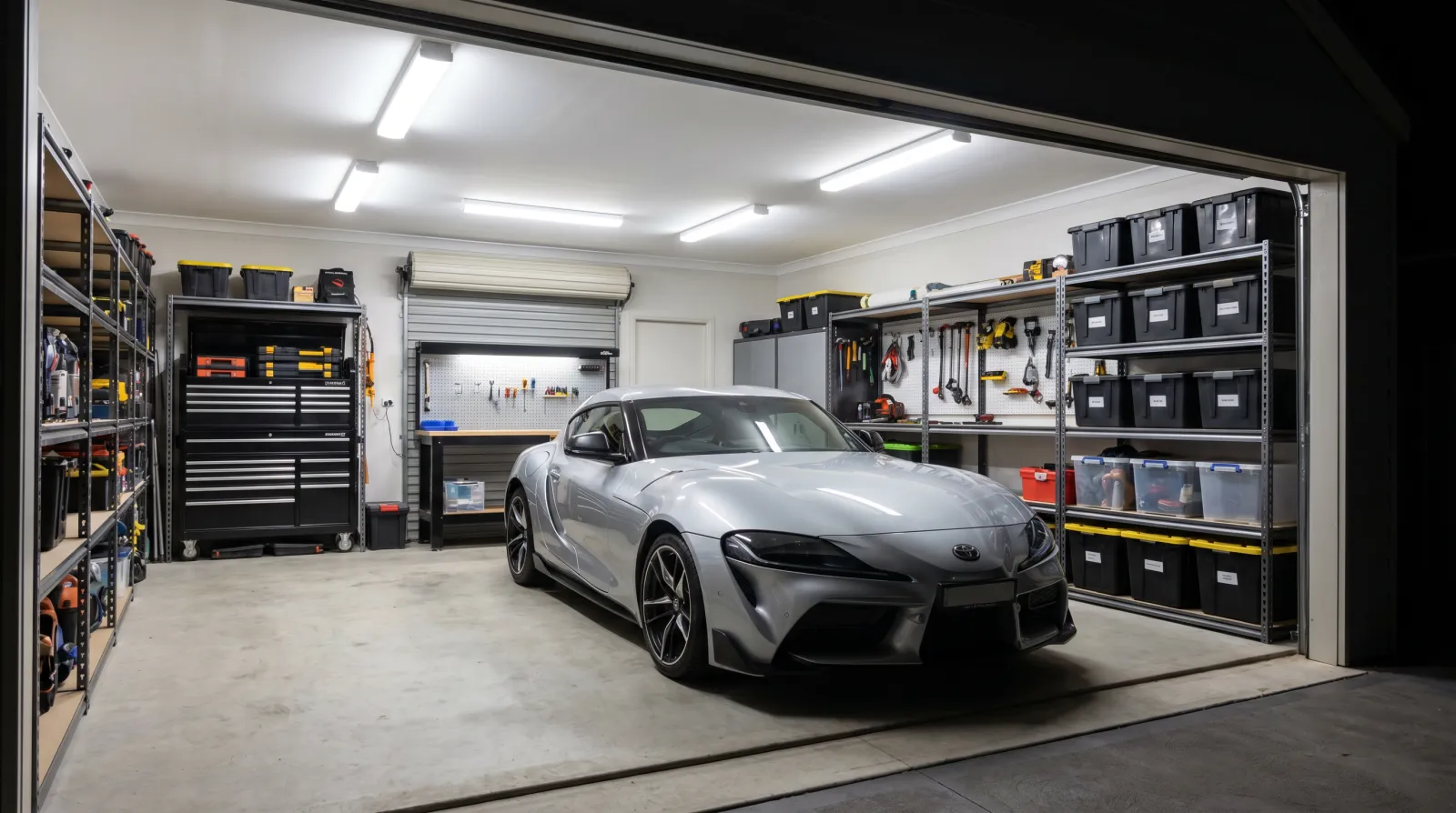 Silver JDM coupe parked inside a clean home garage with the door closed during the cure period
