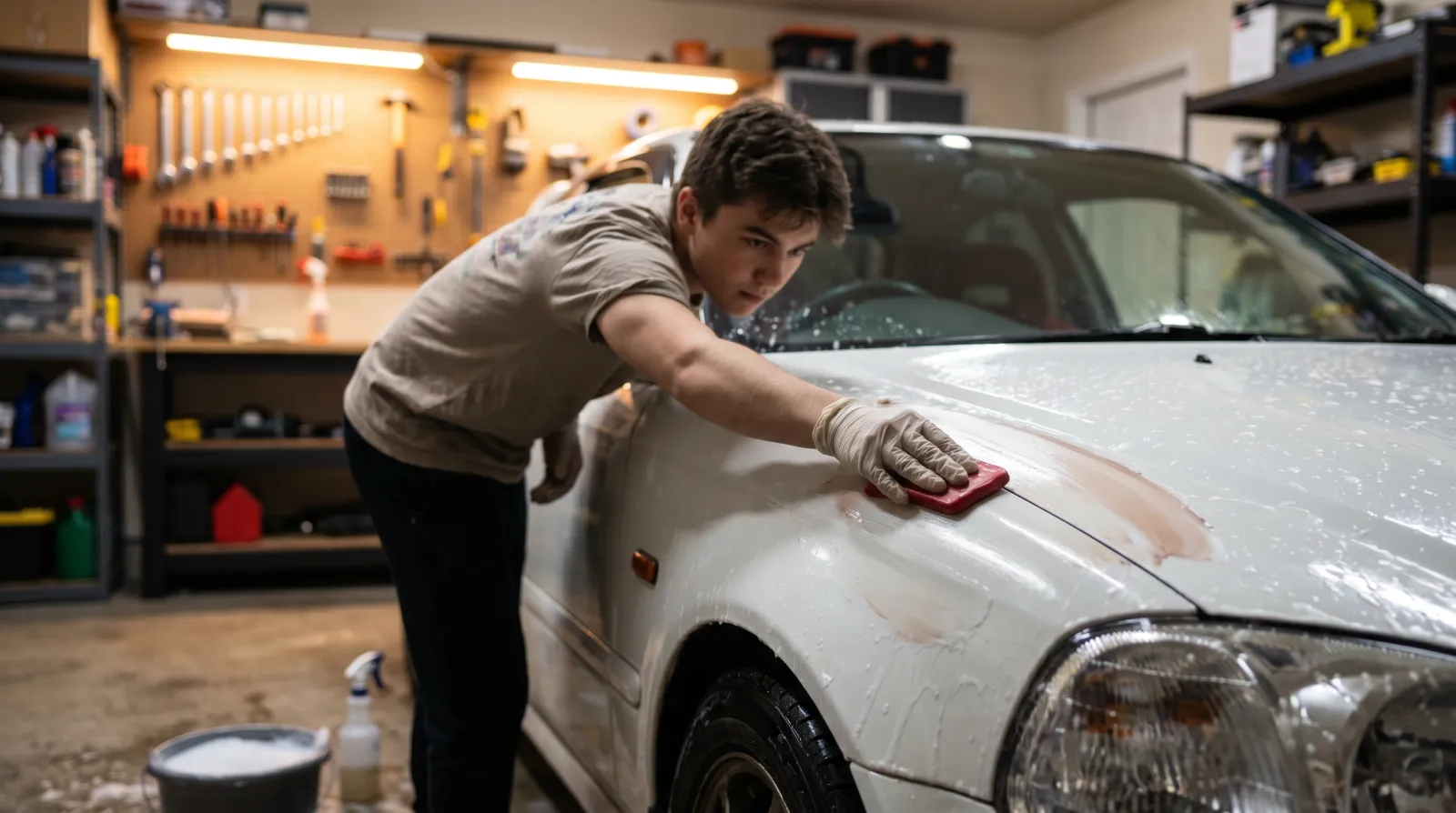 Car enthusiast doing DIY ceramic coating prep with a clay bar in a clean home garage