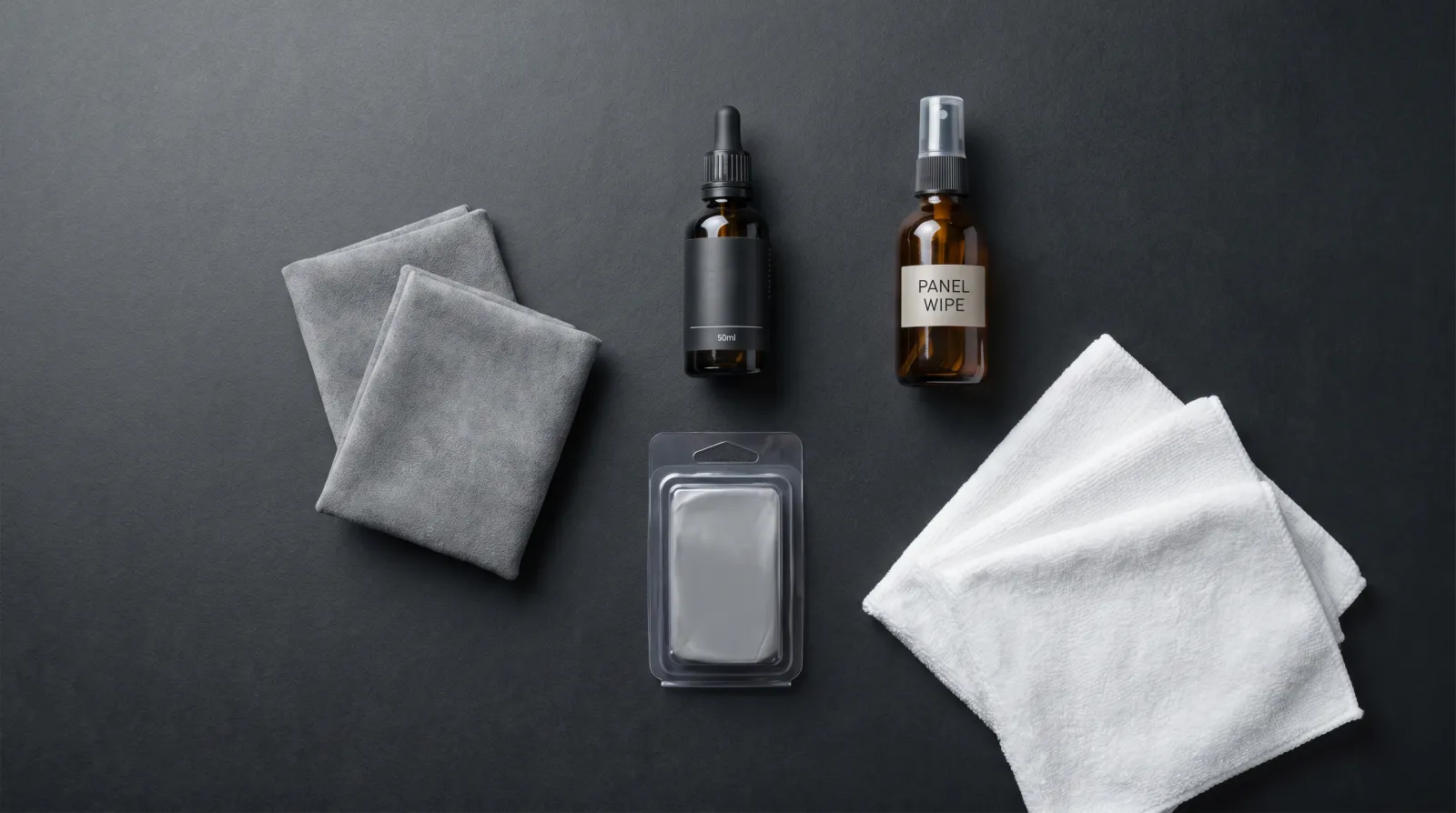 Flatlay of a DIY ceramic coating starter kit: coating bottle, suede pads, clay bar, panel wipe and microfibre towels