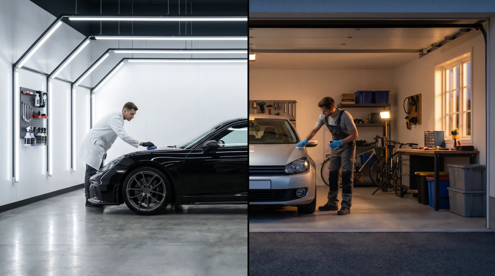 Split scene comparing a professional detailing studio with a home garage ceramic coating job