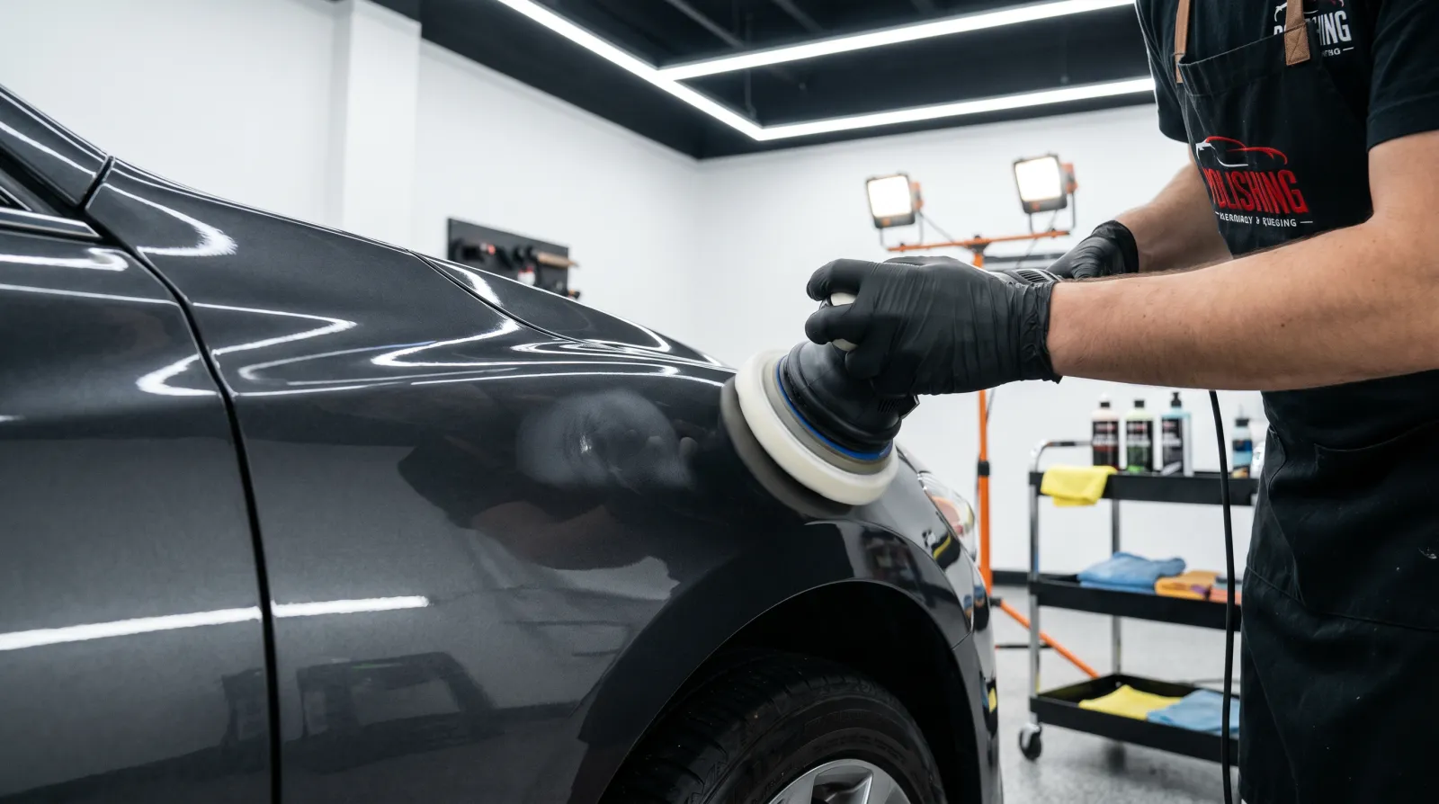 Detailer using a dual-action polisher with a white foam pad to correct a cured ceramic coating high spot