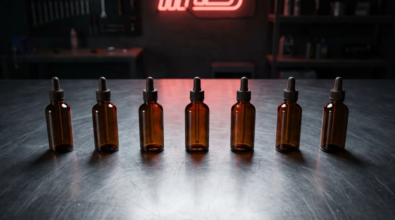 Seven ceramic coating bottles arranged on a workshop bench in a dark JDM garage