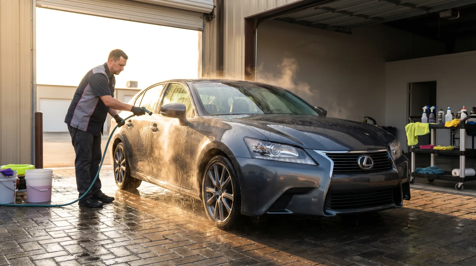 Water sheeting off a glossy ceramic-coated dark JDM sedan being rinsed in a clean garage forecourt