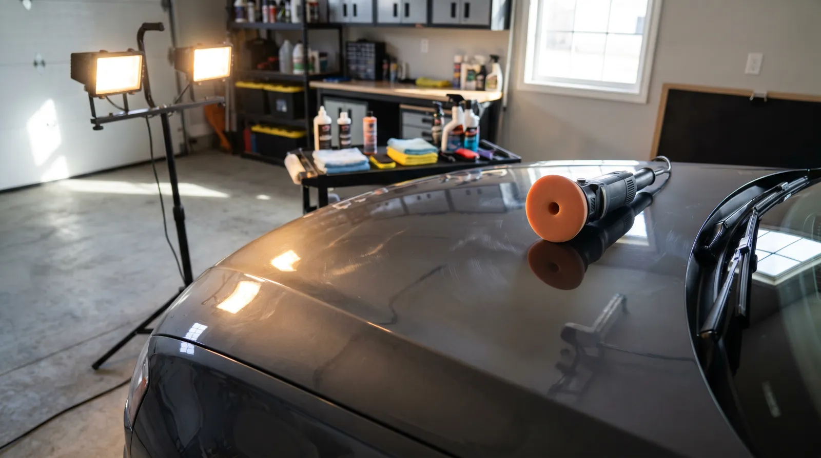 Dual-action polisher with a cutting pad working a grey car panel under an LED light in a clean garage