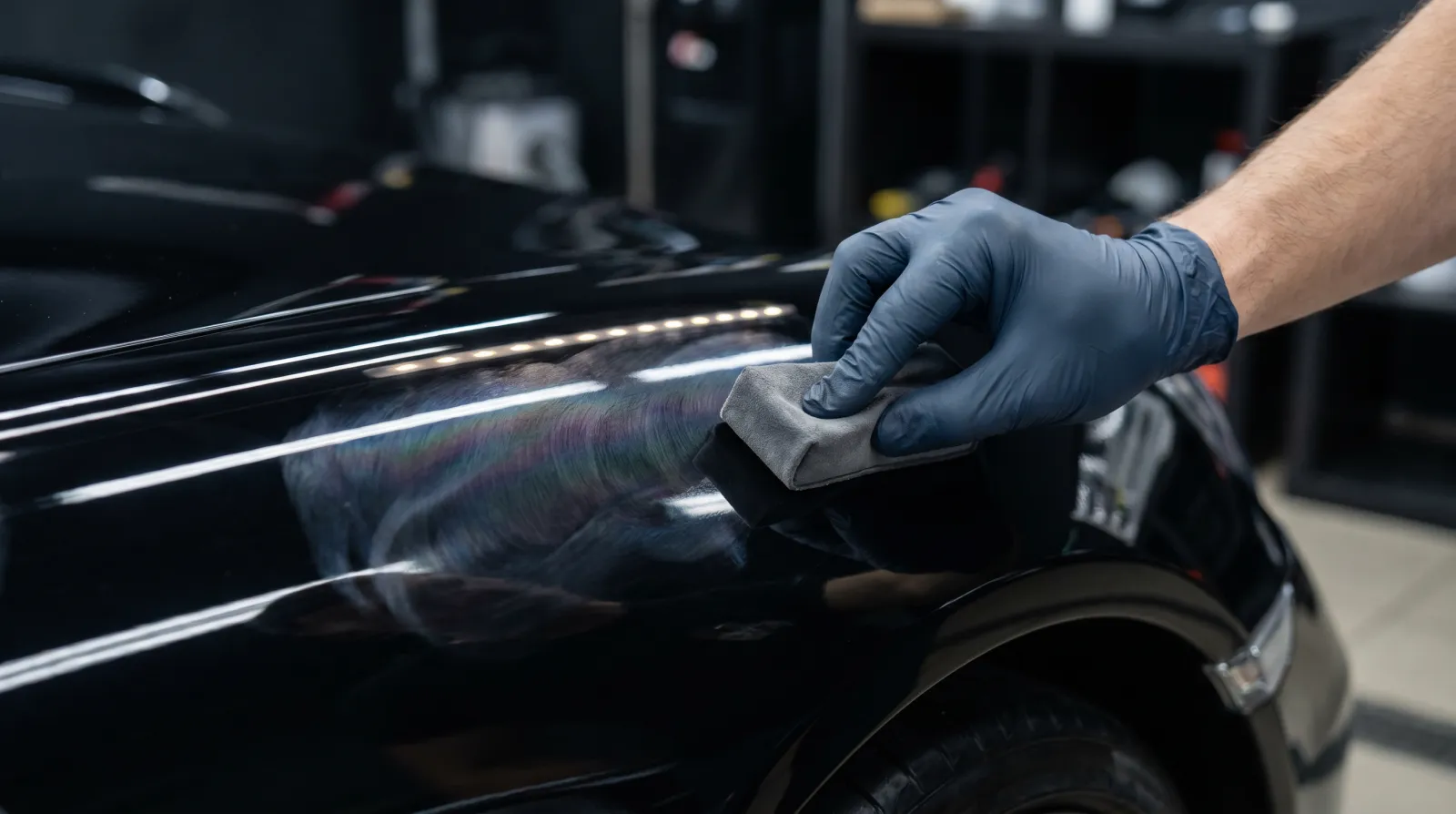 Close-up of a professional applying ceramic coating to a black sports car panel in a controlled studio