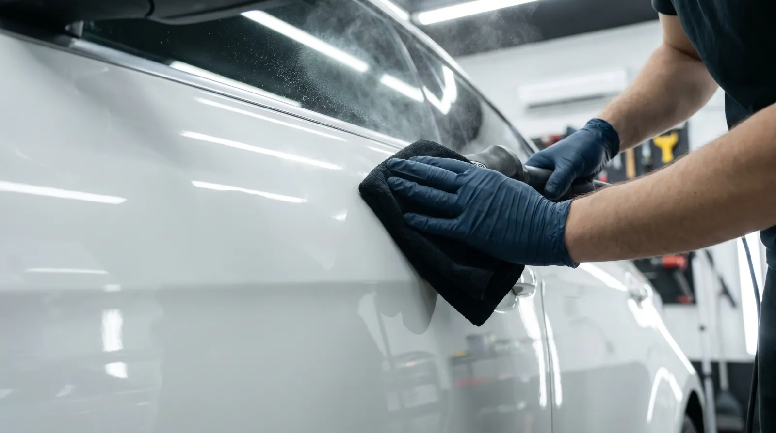Gloved hands buffing a spray ceramic coating onto a white car panel with a microfibre cloth