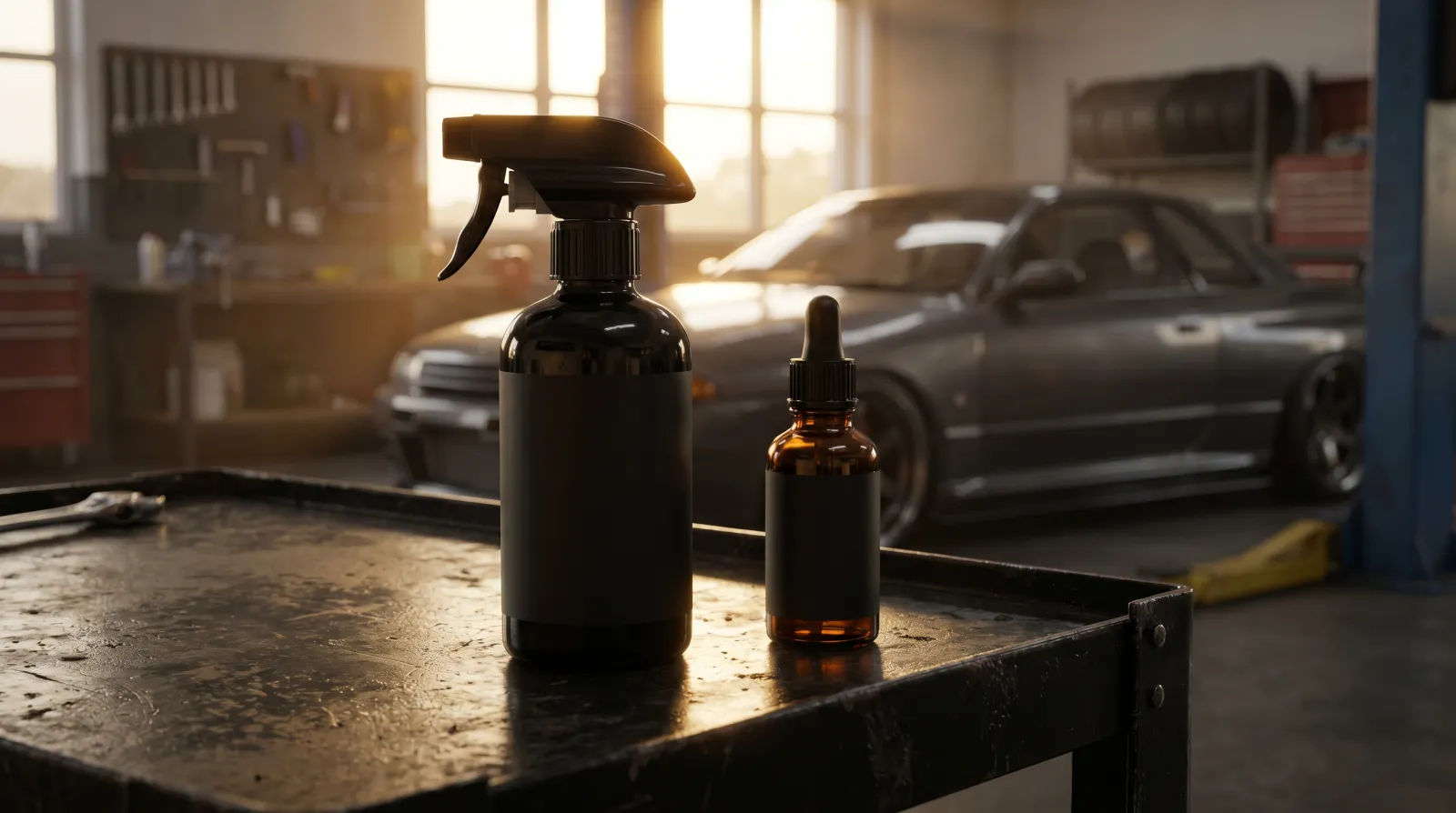 Spray bottle and glass-vial ceramic coating side by side on a workshop bench with a JDM car behind
