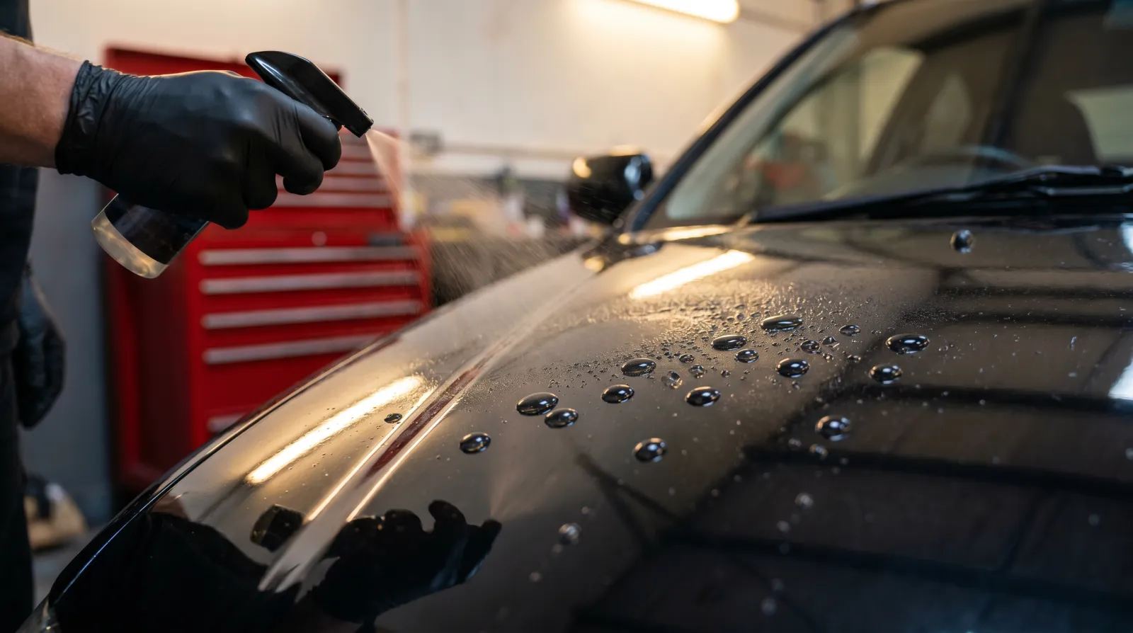 Gloved hand spraying a ceramic topper onto a black JDM bonnet with water beading instantly