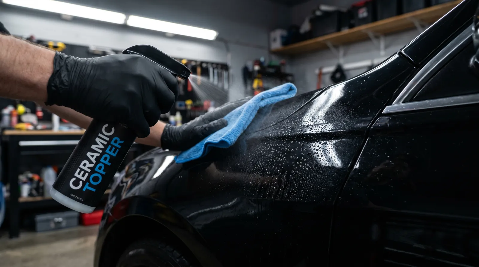 Gloved hand misting an SiO2 ceramic topper onto a black panel with water beading behind the wipe