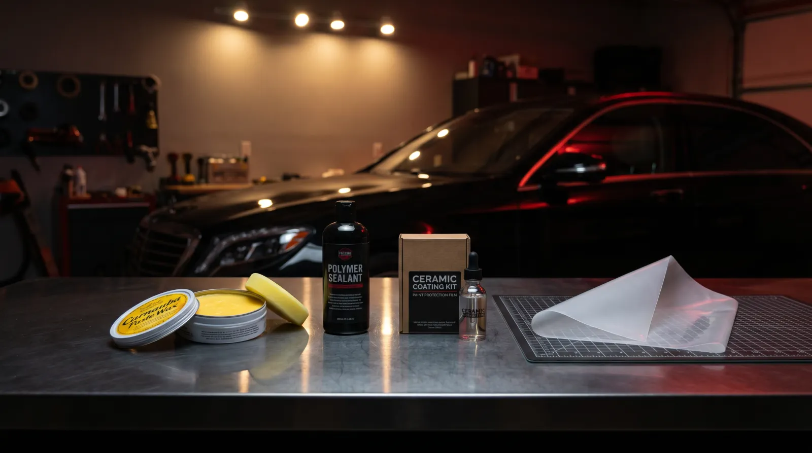 Carnauba wax, paint sealant, ceramic coating kit and PPF film on a workshop bench