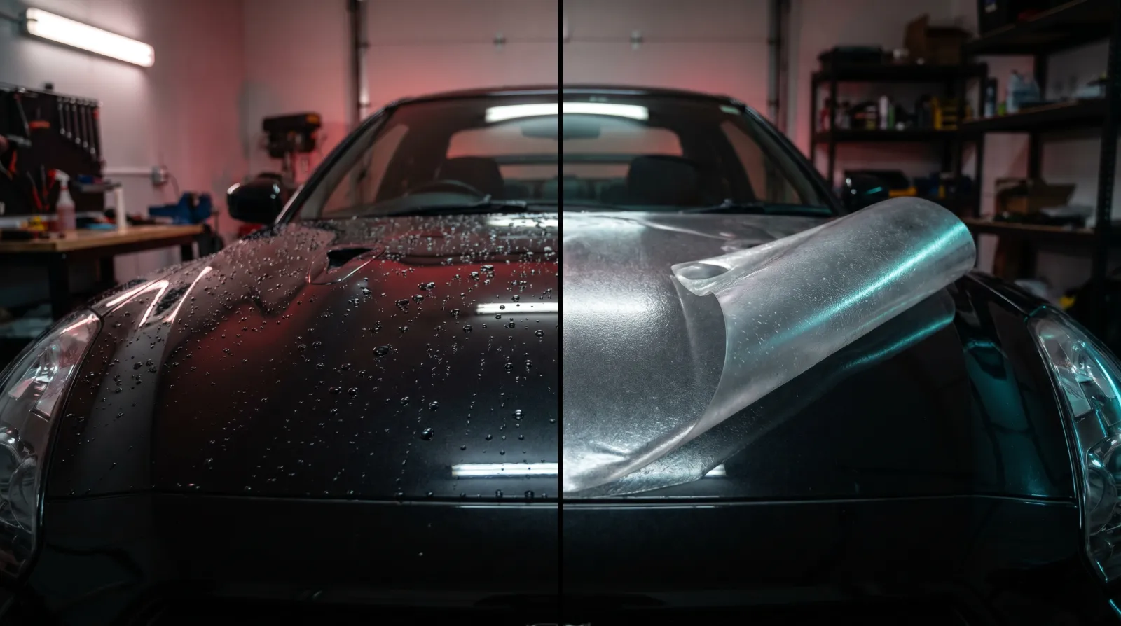 Comparison of ceramic-coated paint beading water beside a PPF-wrapped panel on a JDM sports car bonnet