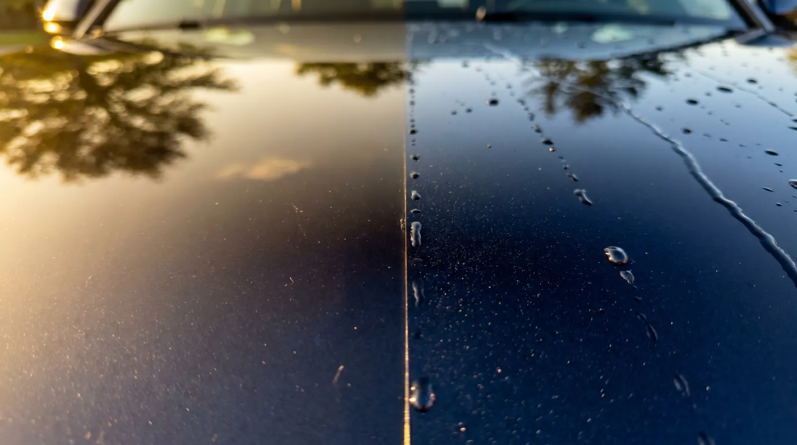 Split panel comparing warm carnauba wax gloss against sharp glass-like ceramic coating reflections