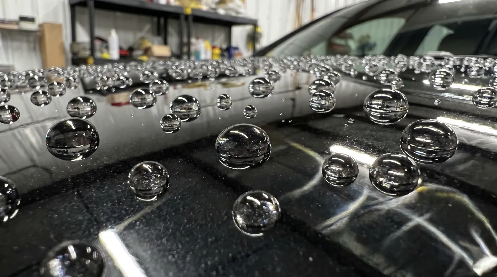 Macro photo of water beading on a midnight-black ceramic-coated car panel